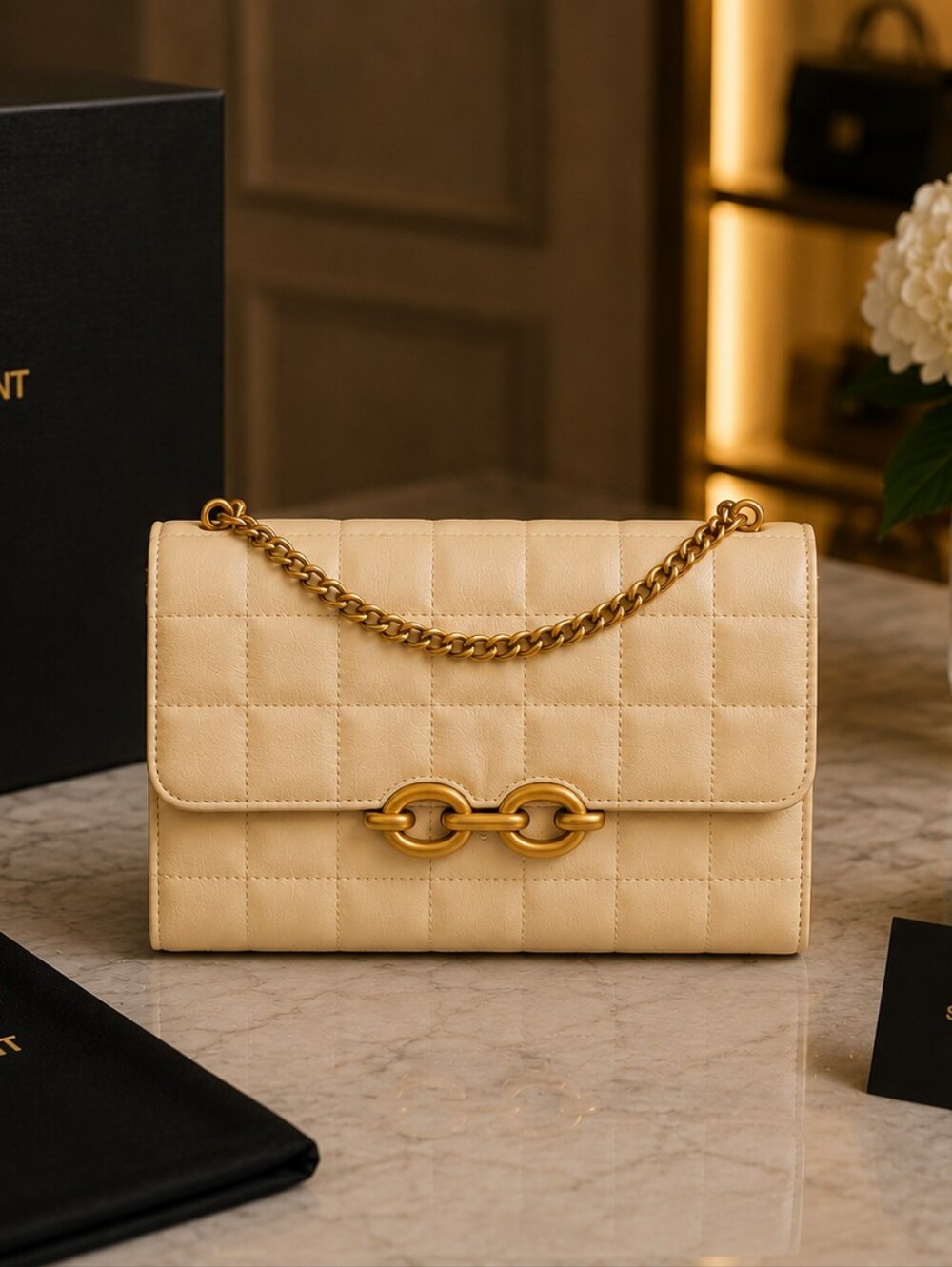 YSL Quilted Le Maillon Suede Chain Wallet